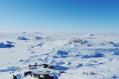 Scenic view of snowcapped mountains against clear blue sky