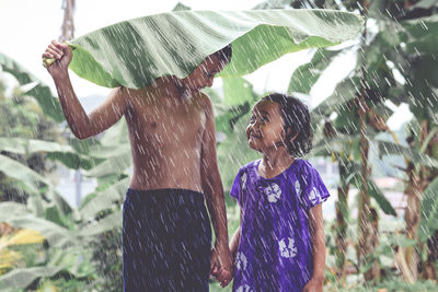 Full length of woman standing on wet plant during rainy season