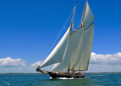 Sailboat sailing on sea against blue sky