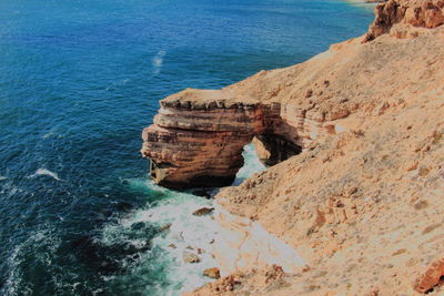 High angle view of rock formations at seaside