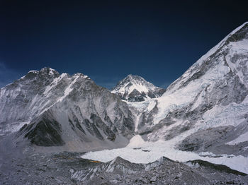 Scenic view of snowcapped mountains against clear blue sky