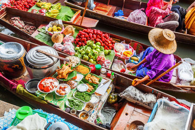 High angle view of multi colored vegetables at market