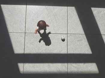 High angle view of doll and ball on tiled floor