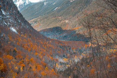 Scenic view of mountain range in autumn