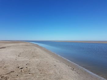 Scenic view of beach against clear blue sky