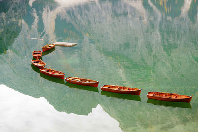 High angle view of boat moored in lake