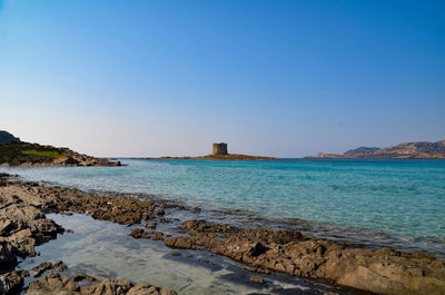 Scenic view of sea against clear blue sky