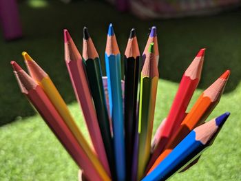 High angle view of multi colored pencils