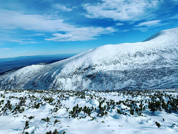 Snow covered mountains against sky