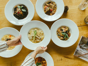 High angle view of meal served on table