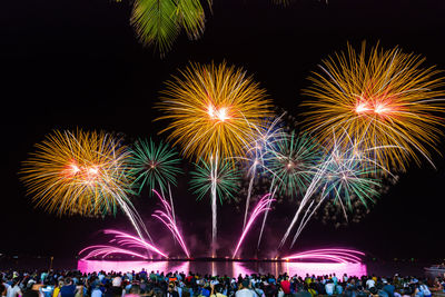 People watching firework display at night