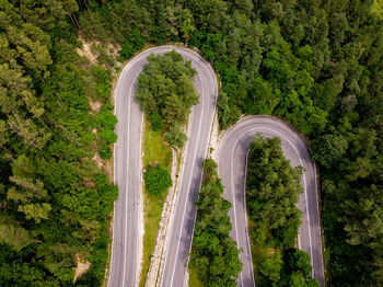 Winding road through the forest, from high mountain pass, in summer time. aerial view by drone