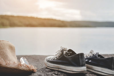 Close-up of canvas shoes outdoors in summer