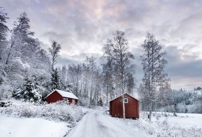 Snow covered houses and trees against sky