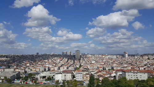 High angle shot of townscape against sky