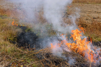 High angle view of bonfire on field