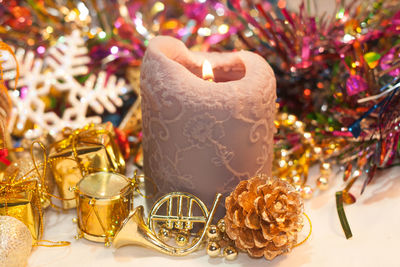 Close-up of christmas decoration on table