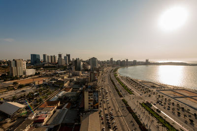 High angle view of cityscape against sky during sunset