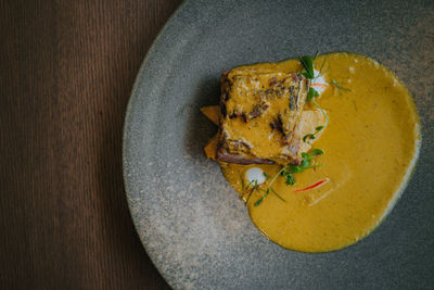 High angle view of food in plate on table