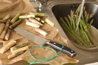 High angle view of chopped vegetables on table