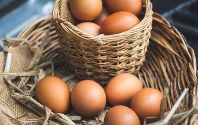 High angle view of eggs in basket