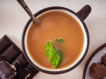 High angle view of soup in bowl on table