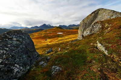 Scenic view of landscape against sky on lofoten islands in norway