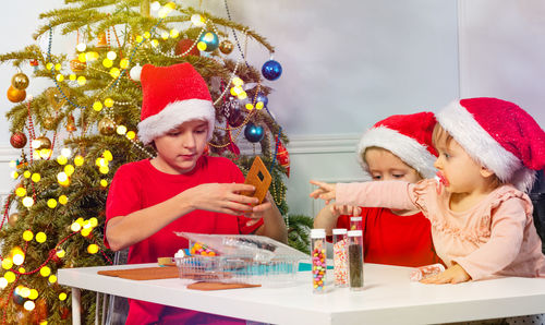 Portrait of smiling friends playing with christmas tree at home