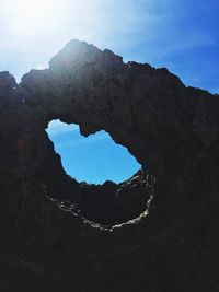 Low angle view of silhouette mountains against blue sky