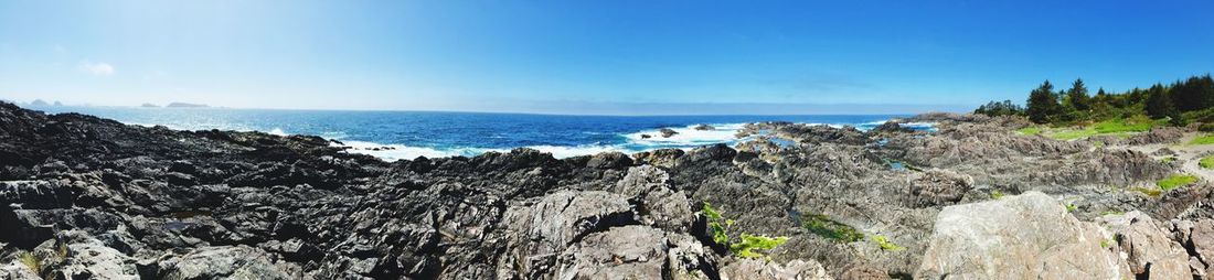 Panoramic view of sea against clear blue sky