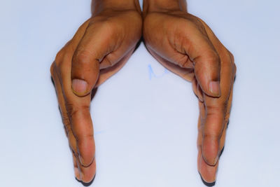 Close-up of human hand against white background