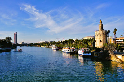 Boats in river against buildings in city