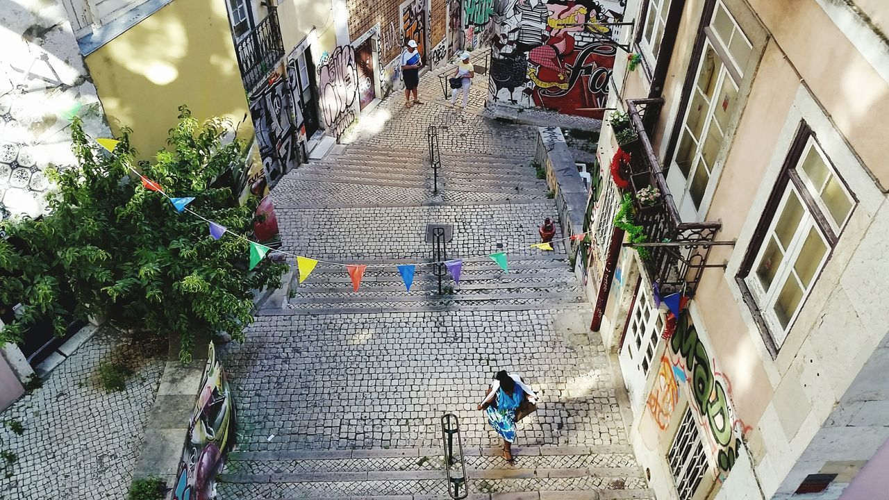 HIGH ANGLE VIEW OF PEOPLE WALKING ON STEPS