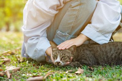 Midsection of woman with cat relaxing on grass