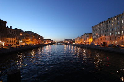 View of canal in city against clear sky