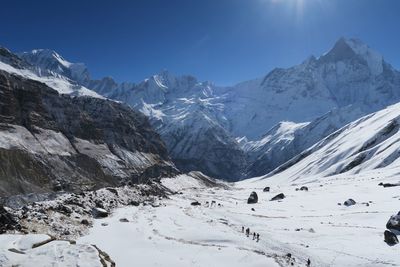 Scenic view of snow covered mountains against sky