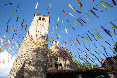 Low angle view of cross amidst buildings against clear blue sky