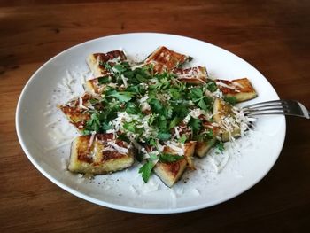 High angle view of salad in plate on table