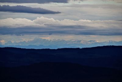 Scenic view of silhouette mountains against sky at sunset