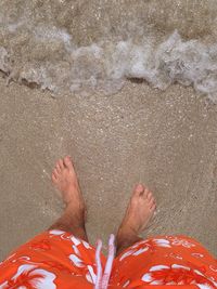 Low section of man standing on shore at beach