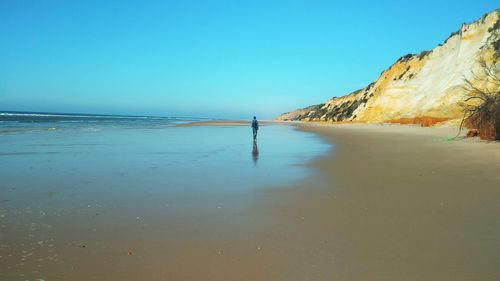 Rear view of man walking at beach against clear blue sky