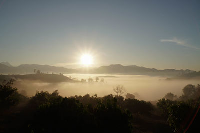 Scenic view of silhouette mountains against sky during sunset