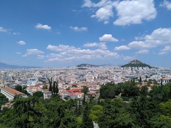 High angle shot of townscape against sky