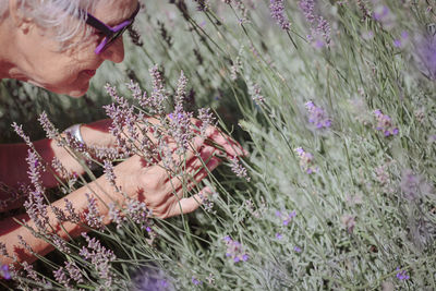 Happy senior woman smelling and touching lavender flowers