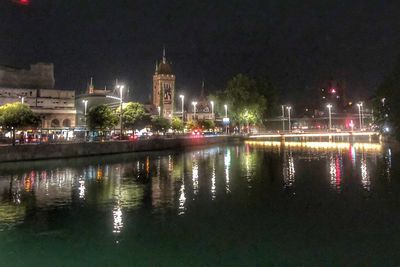 Reflection of illuminated buildings in river at night