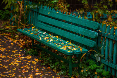 High angle view of empty bench in park