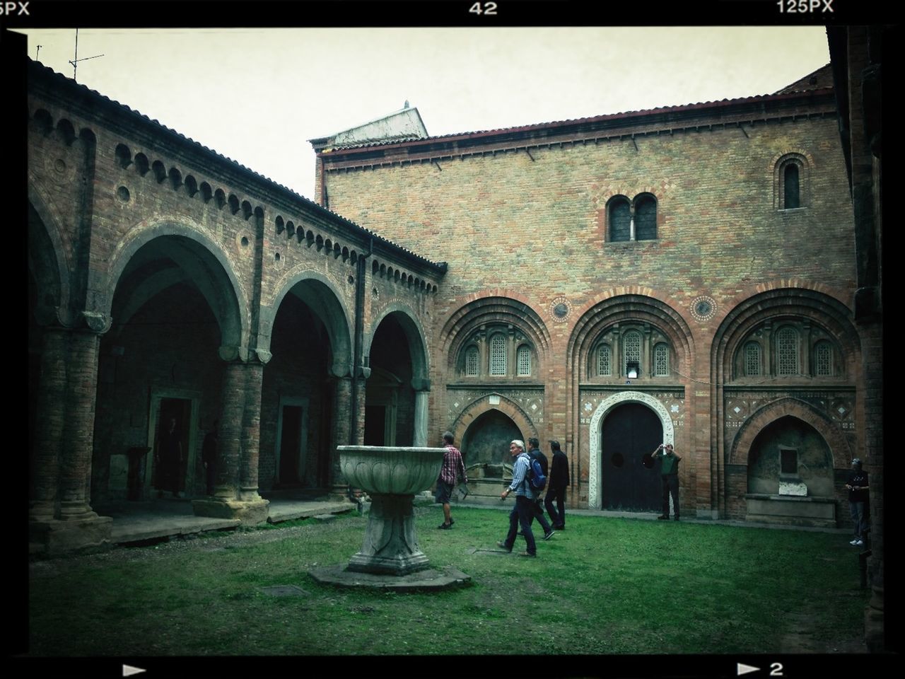 architecture, building exterior, built structure, arch, transfer print, facade, history, auto post production filter, window, grass, day, old, building, outdoors, clear sky, the past, low angle view, church, men