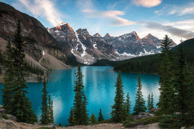 Scenic view of lake by mountains against sky