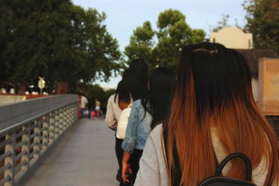 Rear view of women walking on zebra crossing