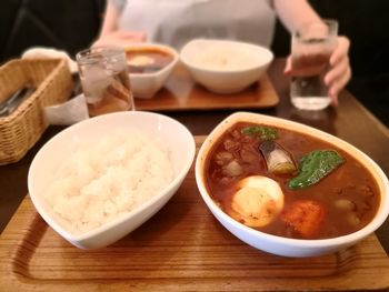 High angle view of soup in bowl on table